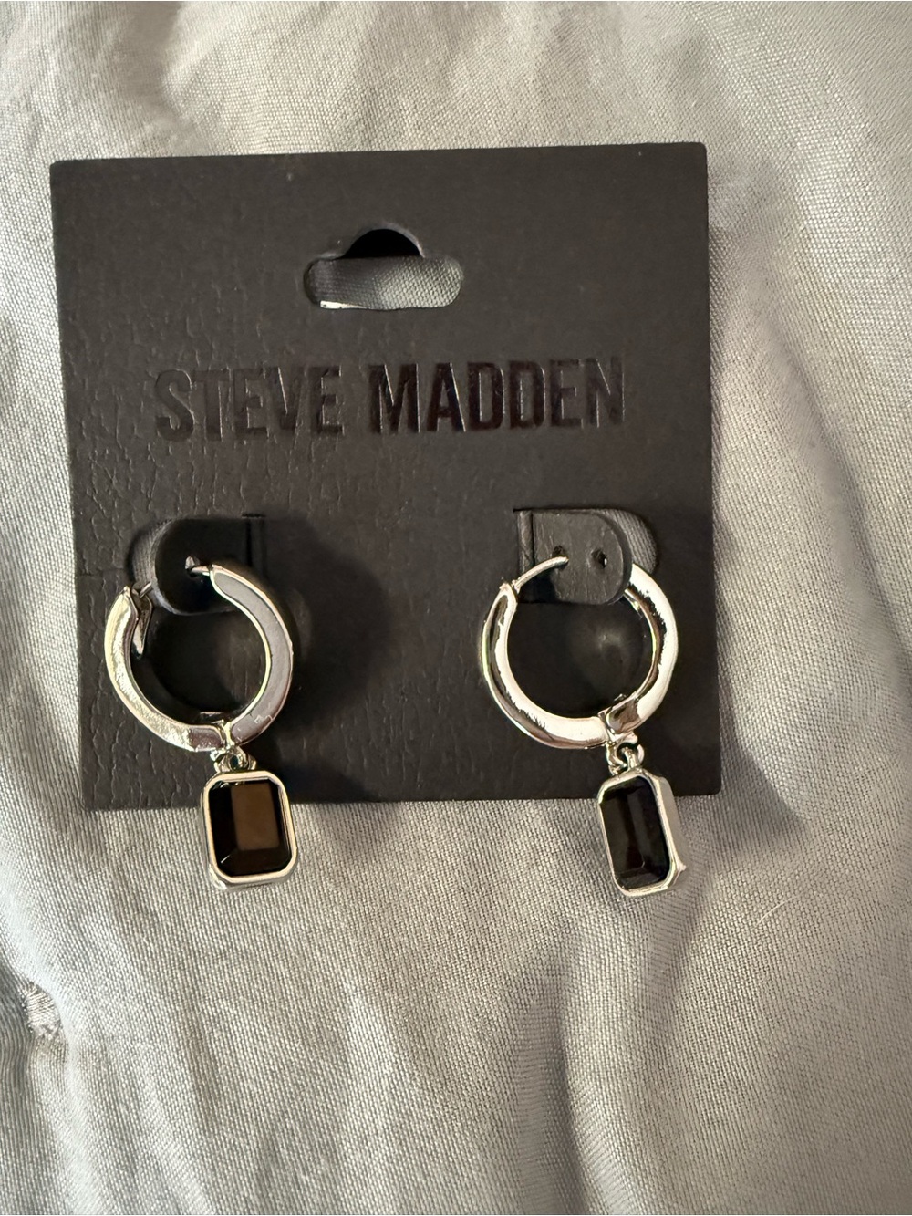Steve Madden Silver Hoop Earrings with Black Rectangular Gem